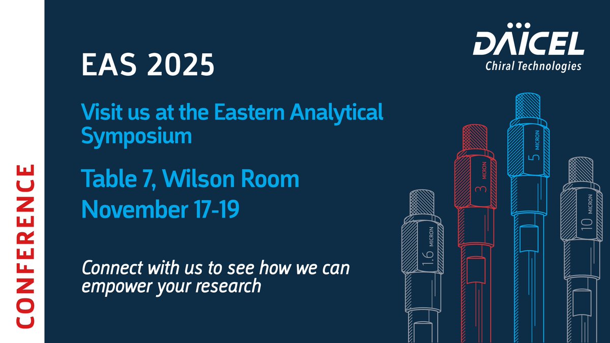 ChiralTech's tweet image. Join Daicel Chiral Technologies at next week&apos;s Eastern Analytical Symposium in New Jersey! Visit our table in the Wilson Room exhibitor area and talk with our team to discover your path to simplified solutions in chiral chromatography.