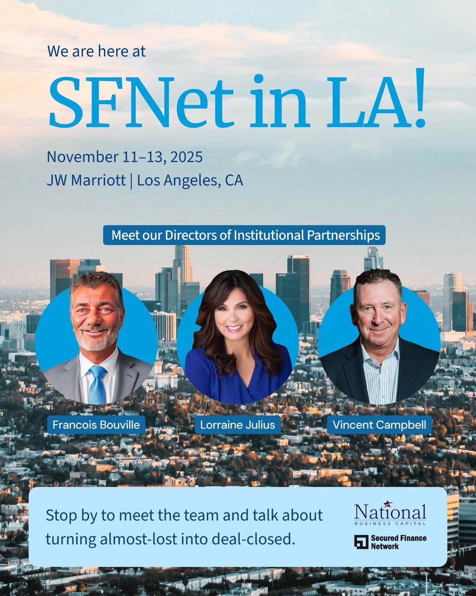 The 2025 SFNet Annual Convention is underway, and the National Business Capital team is on-site in Los Angeles!
 
Stop by our booth to meet the team and let’s compare notes on what you're seeing in the market.

📅 November 11–13
📍 JW Marriott | Los Angeles, CA