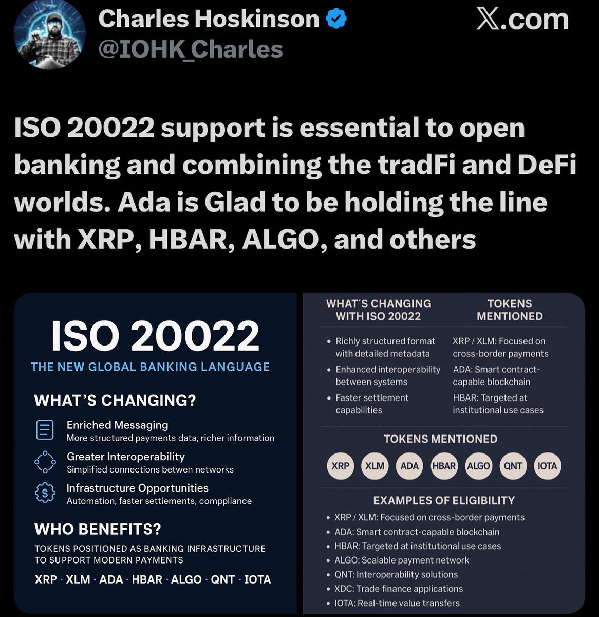 xrp_deutschland's tweet image. 🚨Cardano CEO @IOHK_Charles :

Die Unterstützung von ISO 20022 ist für Open Banking und die Kombination der tradFi- und DeFi-Welt unerlässlich. Ada ist froh, die Linie mit #XRP, #HBAR, #ALGO und anderen zu halten.
