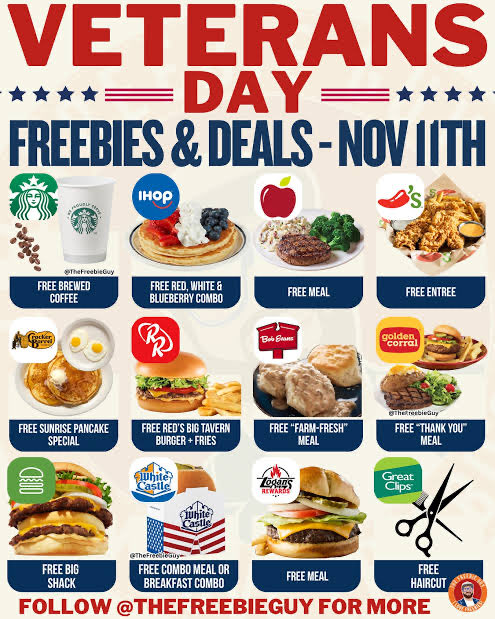rocketfrog73's tweet photo. Thank you Veterans! Small freebies list, it’s the least we can do! If I see you in the wild, I’ll buy you a drink 🇺🇸 https://t.co/M2uZcmTPw7
