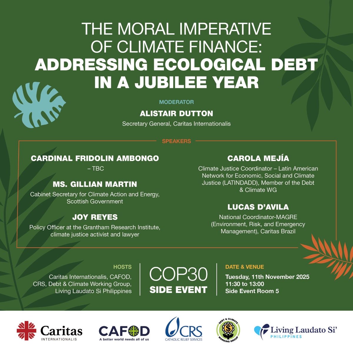 GauthierJCIDSE's tweet photo. Happening now at #Cop30.
Cardinal David from the Philippines. « Climate finance is not charity- but justice ». « Reparation is to heal relationships broken by extractivism » #Debt #ClimateFinance 
@iamCARITAS @CAFOD @DevPaix  @CIDSE https://t.co/75cU9JNNCv