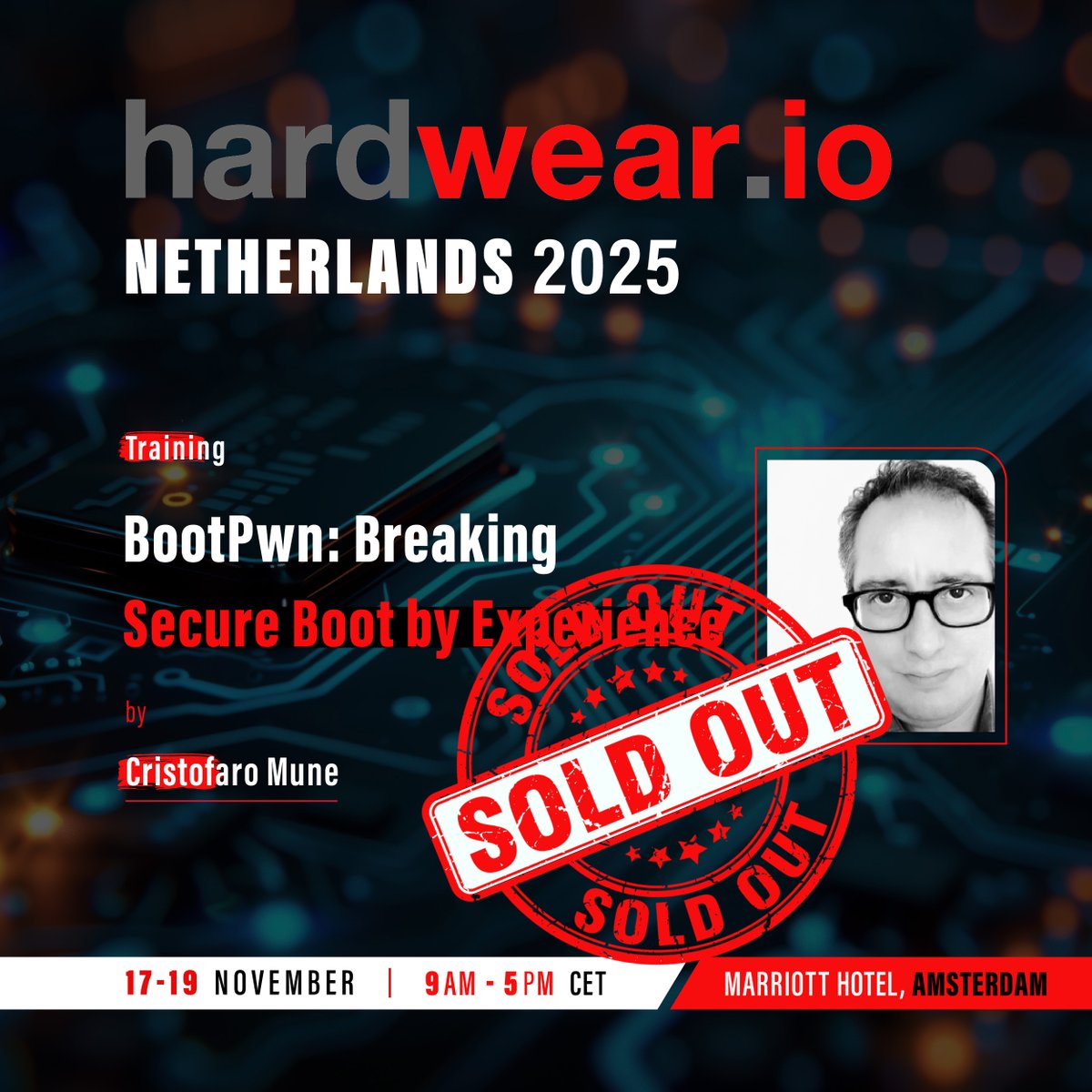 hardwear_io's tweet photo. 🥳 All seats taken — the #hw_ioNL2025 training by Cristofaro Mune (@pulsoid) is officially SOLD OUT! 

Thanks for the overwhelming response. The countdown to hands-on learning begins. ⏳🧠

Know More: https://t.co/OlyasyzHYM

#BootPwn #hardwaretraining https://t.co/kPz3GmFuaP