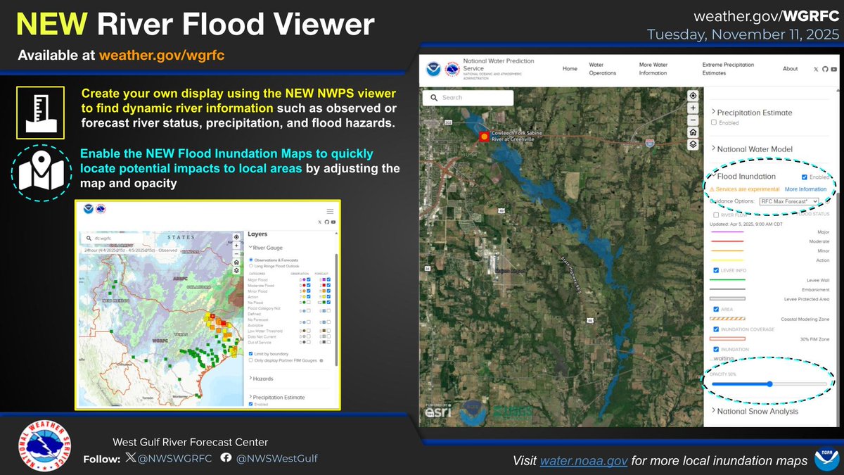 Need up to date river flood information, inundation maps, or rainfall estimates? The NEW NWPS viewer has current data in an easy to use online application. Visit weather.gov/wgrfc for WGRFC's local area or scale nationwide at water.noaa.gov.