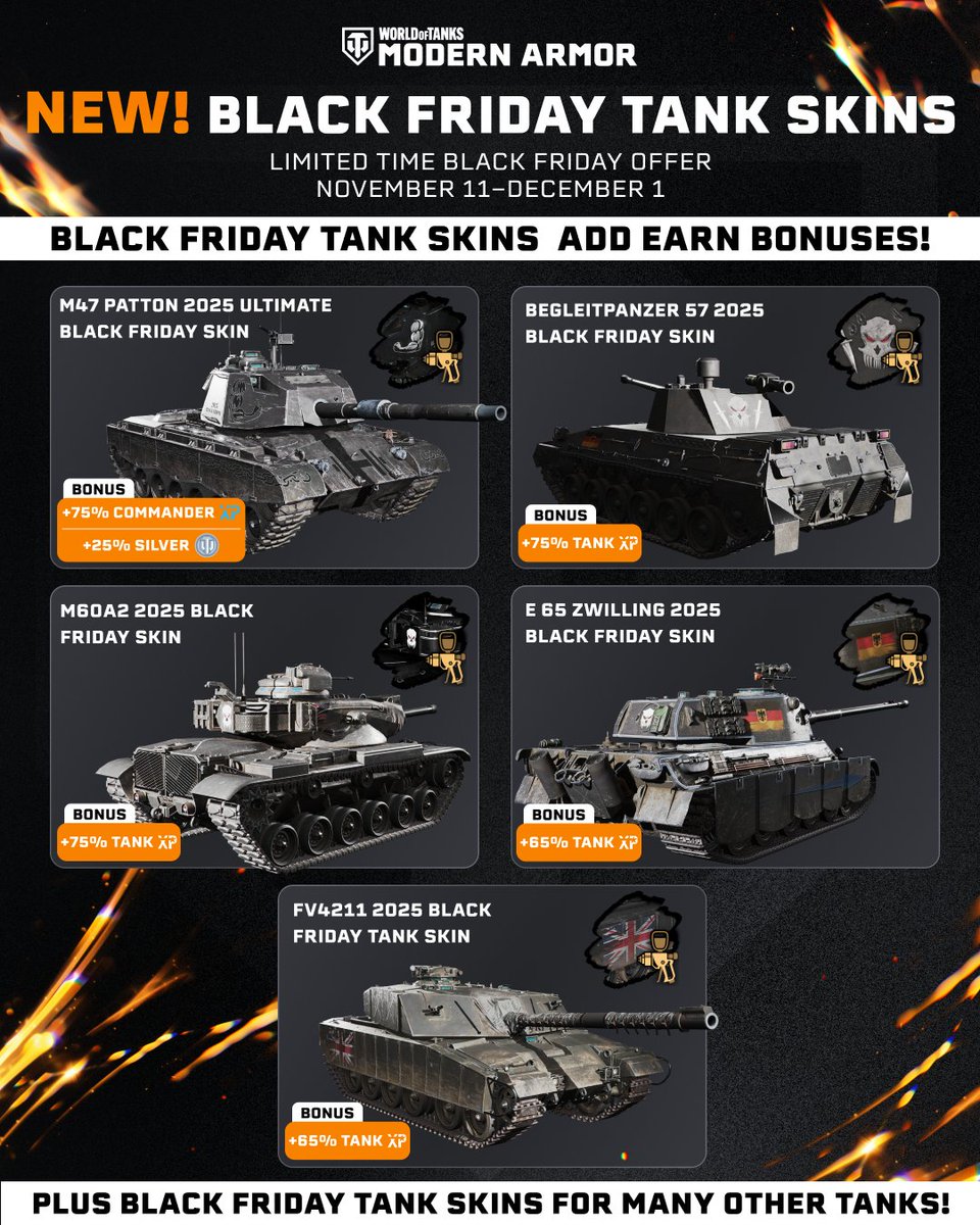 WoTModernArmor's tweet photo. 🔥 Black Friday is rolling in! 🔥
The Black Tanks are back — and there’s a new beast leading the charge. Command the NEW M47 Patton Black Edition, earn massive XP bonuses, and take advantage of huge savings on returning Black Tanks, brand-new War Chests, and exclusive Black Skins that boost your Tank XP!

💥 Black Friday Sales: Nov 11 – Dec 2 💥

Don’t miss your shot to wreck the battlefield.

#WoTMA #WoTConsole #BlackFriday #BlackTanks