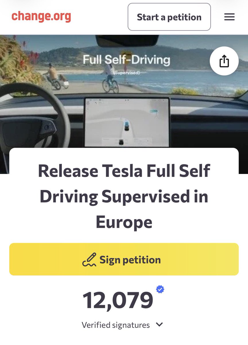 🚀 BREAKING: The Tesla FSD Supervised petition in Europe just blasted past 12,000 verified signatures! 🔥 That’s YOU powering the charge for safer, smarter roads—reducing accidents by up to 85% and unlocking the future of driving!
Don’t stop now—grab your phone, SIGN &amp; SHARE to