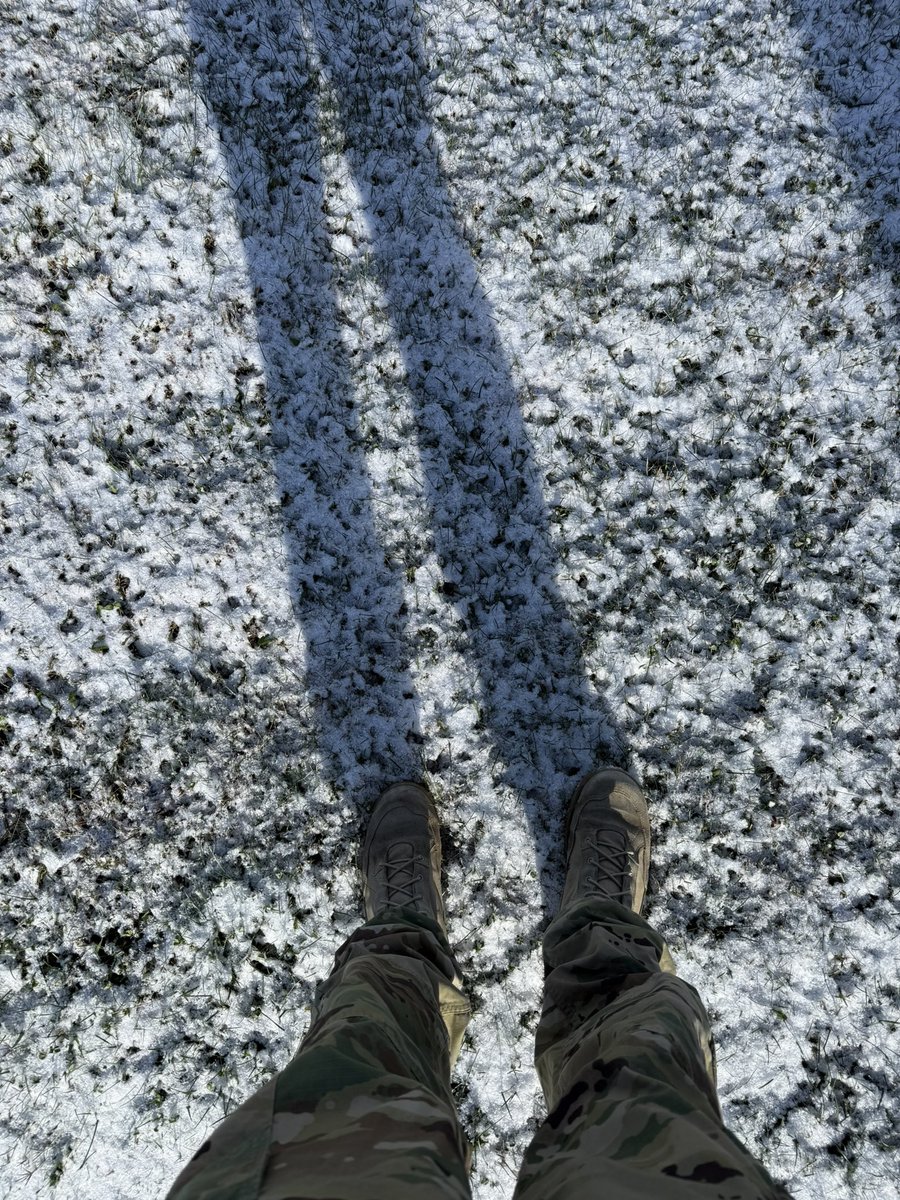 It was 23 degrees this morning and frozen. I hate working outside in jeans when it’s this temp, because they just freeze.

So of course I put on my old camos (because they’re more comfortable) and my winter boots (which just happened to have been issued to me when I enlisted).

I