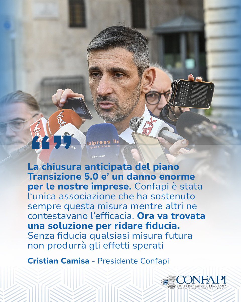 Confapi's tweet image. L&apos;improvvisa chiusura anticipata del piano Transizione 5.0, disposta dal Ministero delle Imprese e del Made in Italy, penalizza fortemente le nostre industrie. Non possiamo andare avanti così.

Il messaggio del Presidente @CristianCamisa 👉instagram.com/p/DQ66iGoiPZI/…