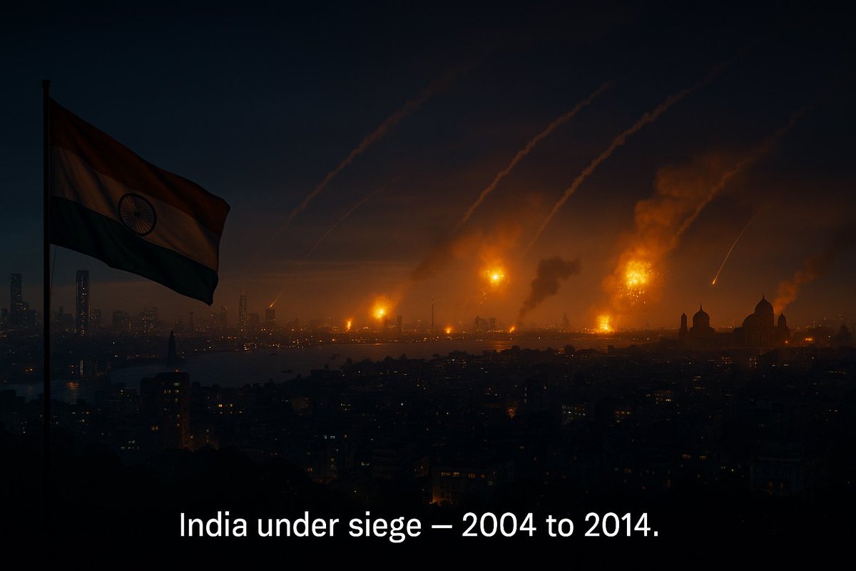 HemanNamo's tweet image. 1/6
It was a decade when fear echoed louder than action.
2004–14:
🧨 Delhi 2005
🚆 Mumbai 2006
💣 Ahmedabad 2008
⚫ 26/11 Mumbai
Each attack met with files, not force.
#UPA #TerrorResponse #India