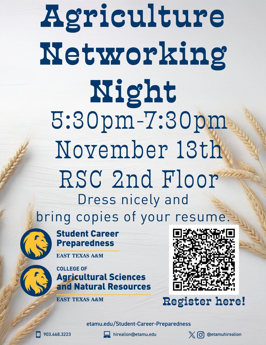 Ag Networking Night 🌾

🗓️ Wed, Nov 13 | 🕠 5:30–7:30 PM

📍 RSC Conference Rooms

Meet employers &amp; grad programs in ag, natural resources, wildlife, water, and more. All majors welcome!

RSVP 👉 app.joinhandshake.com/career_fairs/2…