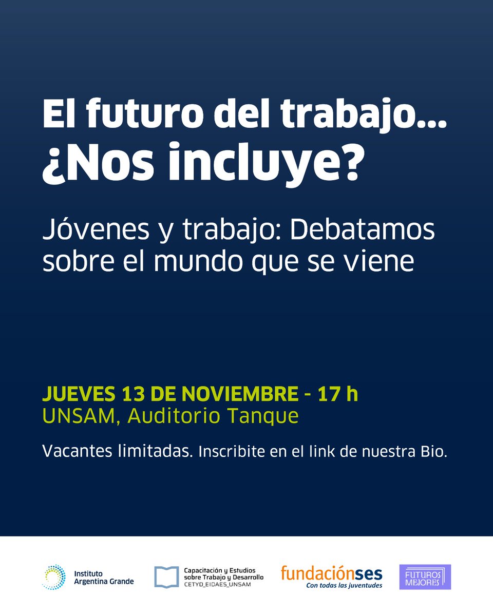 🗨 ¡Debatamos el futuro del trabajo para los jóvenes!

🔧 En un contexto donde el gobierno nacional impulsa una reforma laboral que recorta derechos, te esperamos junto a <a href="/CETyD_/">CETyD</a> <a href="/FundacionSES/">Fundacion SES</a> y <a href="/FuturosMejores/">Futuros Mejores</a>  para pensar nuestro futuro.

Anotate 👇
forms.gle/1MsRP5Mvu8s9uF…