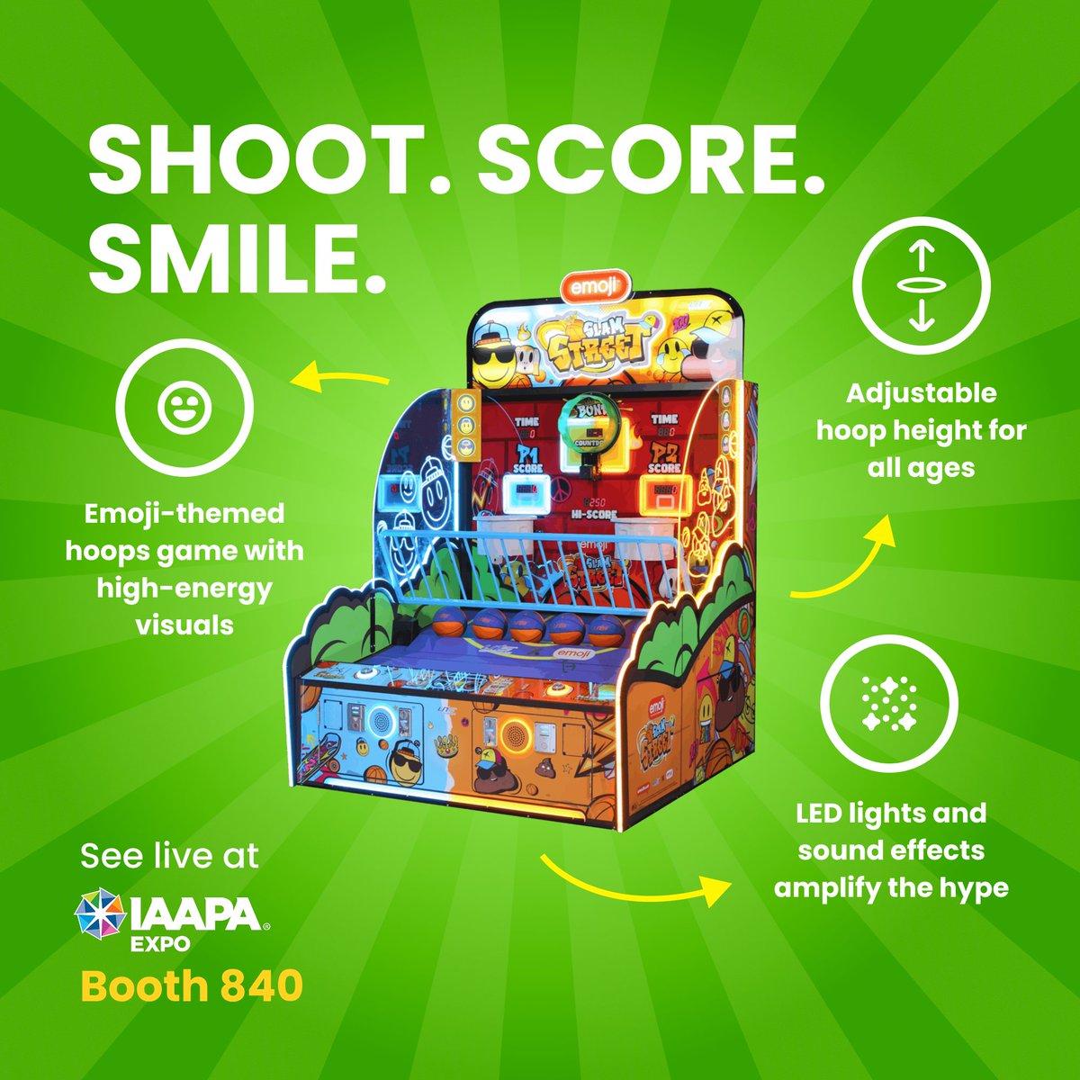 PlayerOneAG's tweet image. Shoot. Score. Smile. emoji Slam Street hoops game is lighting up the leaderboard at our emojPlanet location — and it can do the same at your venue, too!

See it live at IAAPA Booth #840!

#IAAPA2025 #ArcadeFun #PlayerOneAmusementGroup #BasketballGame
