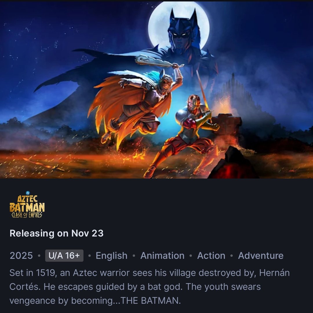 CinemaRareIN's tweet image. #AztecBatman: #ClashOfEmpires (2025) by #JuanMezaLeón, premieres Nov 23rd on @JioHotstar.