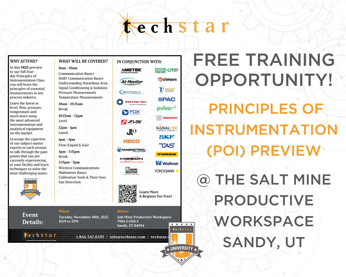 TechStarIS's tweet image. Join us at the Salt Mine Productive Workspace next week for a POI Preview Training. Get practical experience, ask questions, and walk away more confident in knowledge of level, pressure, flow, gas detection &amp;amp; more: na2.hubs.ly/H01_lR90
 
11/18
8a – 5p
7984 S 1300 E, Sandy UT