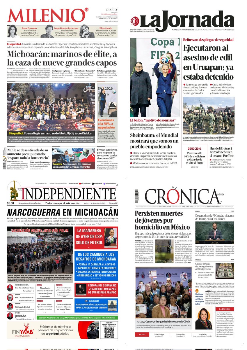 castroclemente's tweet image. En #PrimerasPlanas 
#Portadas 
- Ejecutaron al asesino de edil en Uruapan 
- Marinos de élite a la caza de grandes capos

Hay #monos tirando lodo 

EnTT: Martes 11 #MañaneraDelPueblo Plan Michoacán Ricardo Salinas Pliego #KornoPanzón

#EnPortada 
#TromposyPirinolas
#FelizMartes