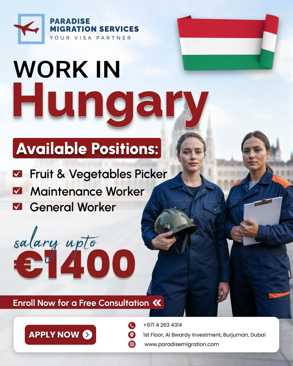 ClientsReviews_'s tweet image. 🇭🇺 Live &amp;amp; Work in Hungary! ✈️
Start your European journey with full visa support, free accommodation &amp;amp; fast processing. 🌍
📍 Paradise Migration – BurJuman Exit 3, Dubai
📞 +971 4 263 4314 | 🌐 paradisemigration.com

#WorkInHungary #ParadiseMigration #VisaSupport #Europe2025