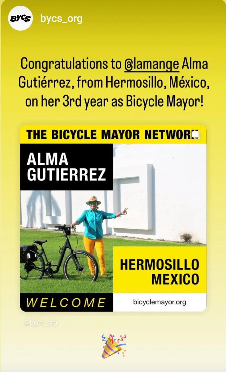 lamange1's tweet photo. Gracias @BYCS_org un honor participar en esta red global de agentes de cambio, en la promoción de la movilidad activa a través de mejores condiciones para las personas en bicicleta #BicycleMayorHMO ✌️🚲♀️🫶 #3Años 🥉🎉 @HermosilloGob https://t.co/4RCnEiItTS
