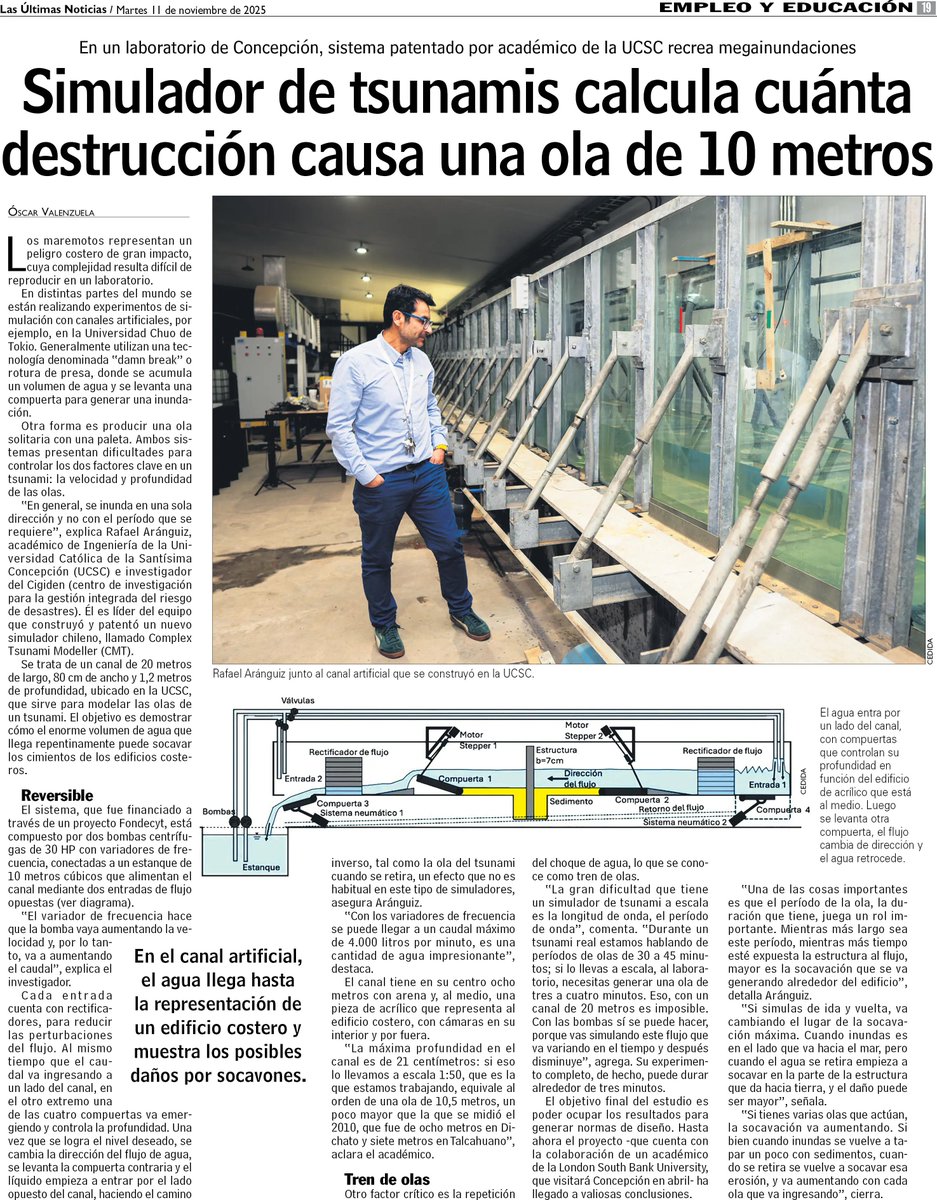 ucscconcepcion's tweet image. 👩🏻‍💻 #UCSCEnMedios | El Dr. Rafael Aránguiz, académico de la Facultad de Ingeniería UCSC, fue destacado en @lun por el desarrollo y patente de un simulador de tsunamis capaz de recrear olas de hasta 10 metros y medir su impacto en infraestructuras costeras.

Conoce más detalles 👇🏼
