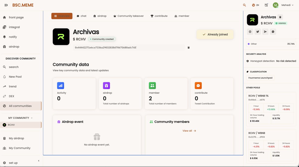 MehediCPTO's tweet photo. @bscdotmeme @cz_binance @heyibinance @BNBCHAIN App seems to be functional. I just created a community for the popular @archivas project. Chrome is auto translating everything quite quickly. Interesting project if this takes off. https://t.co/3Ccqm6THQU