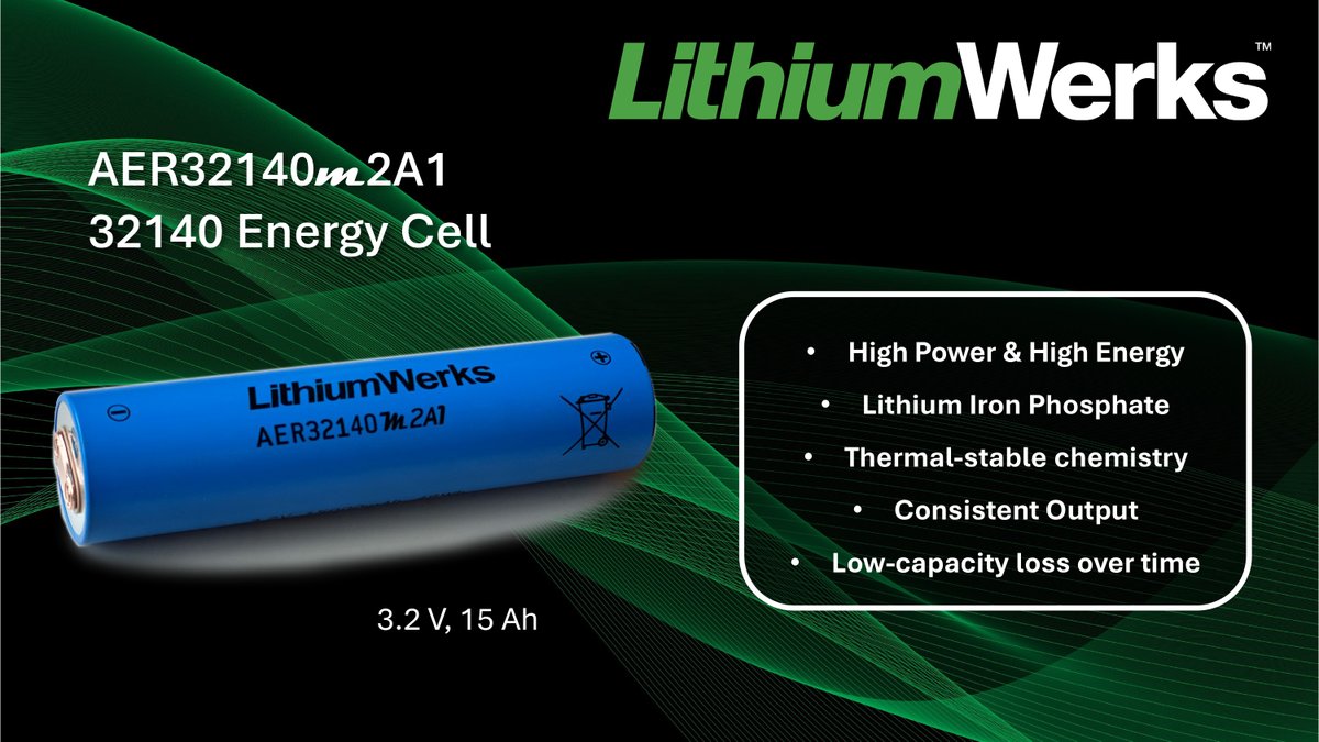 LithiumWerks's tweet image. Lithium Werks 32140 Energy Cells offer thermal-stable chemistry, faster charging, consistent output, low capacity loss over time, and superior total cost of ownership. lithiumwerks.com/products/lithi…