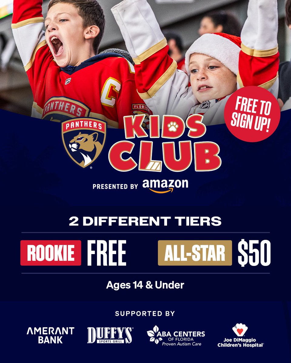 FlaPanthers's tweet photo. The coolest club for the next generation of Cats fans is back 😺

Join the Panthers Kids Club presented by @amazon to unlock exclusive prizes, events and more!

Join today » https://t.co/jIcVum4nWE https://t.co/SizkPi9WKz