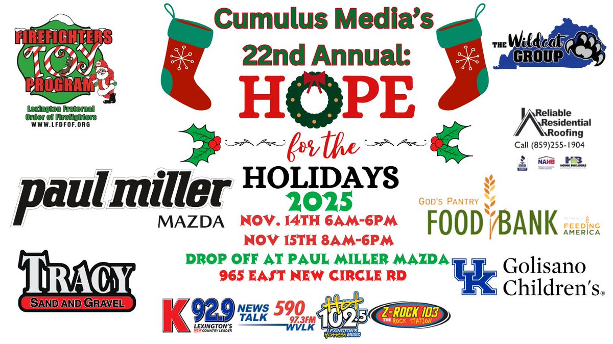 HOT1025Lex's tweet photo. Hope for the Holidays starts THIS FRIDAY at 6 am! Join us at Paul Miller Mazda to donate to God's Pantry, The FOF Toy Drive, and Golisano Children's Hospital at UK! https://t.co/J5hHAerLwZ