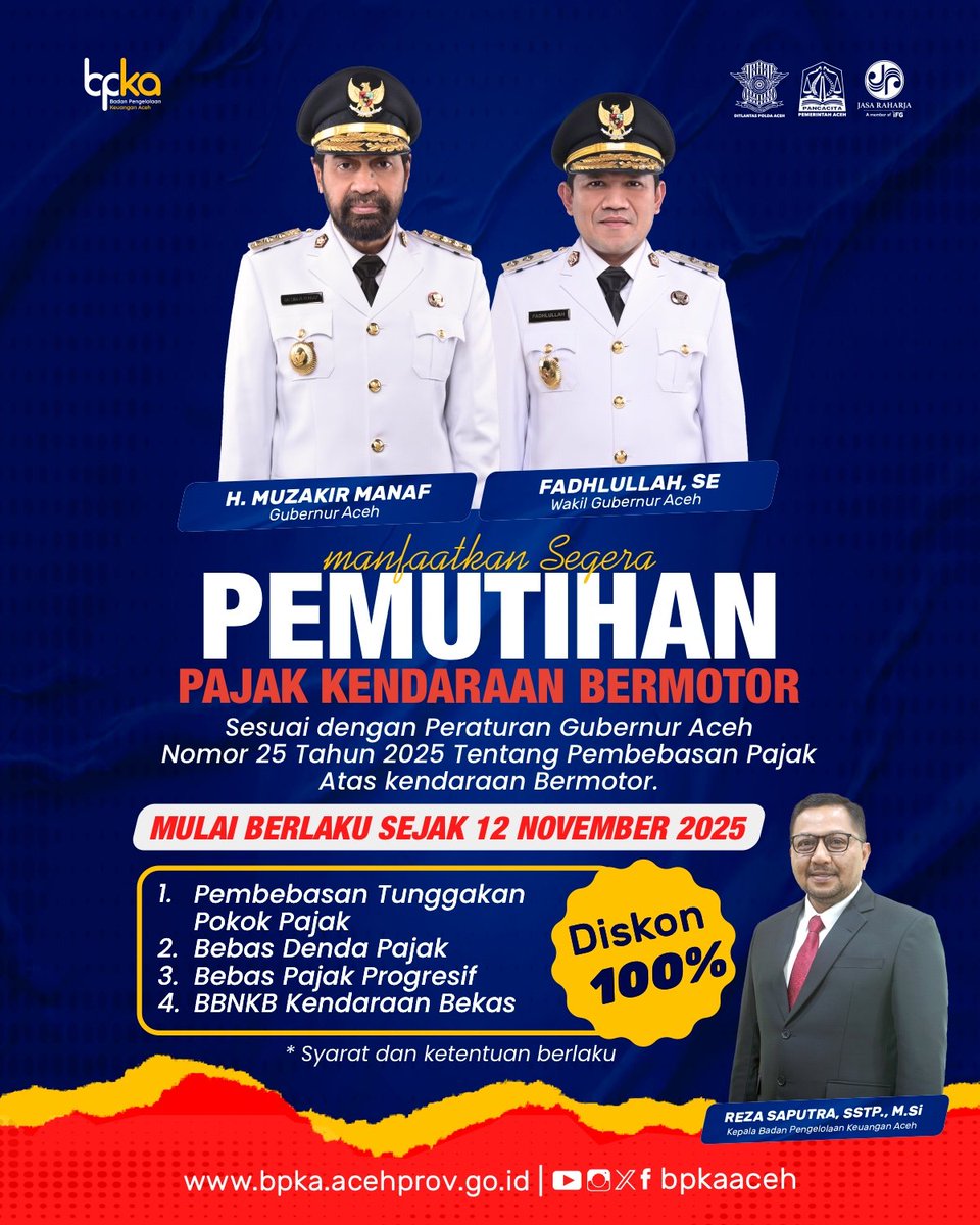 MkMukas's tweet photo. "Jangan lewatkan kesempatan emas! Saatnya bayar pajak kendaraan tanpa denda melalui program pemutihan pajak." Mulai Tgl 12 November sd 31 Desember 2025,Segera Kunjungi Kantor Samsat Terdekat di Kab dan Kota Anda. https://t.co/kJ5iepwPkM