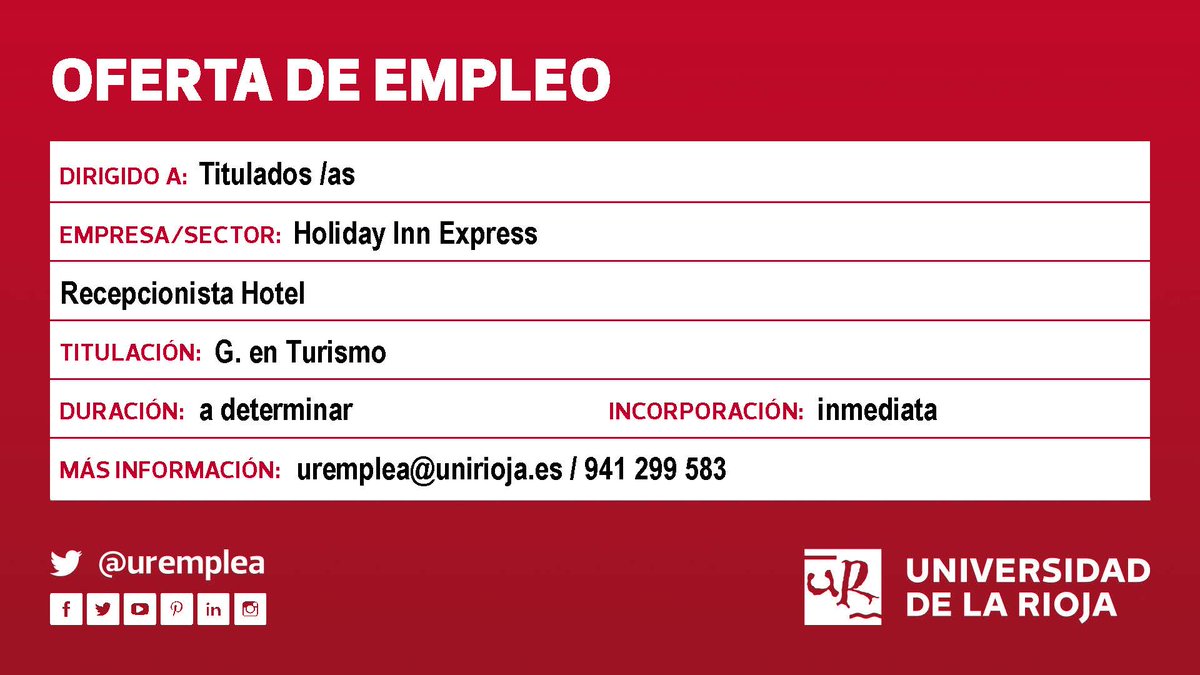 ♦️Oferta #empleo #TituladosUR <a href="/unirioja/">Universidad de La Rioja</a> #Turismo Sector: hotel 🏨 ¡Inicio: inmediato! ➕ info: 👉bit.ly/3onDlmw