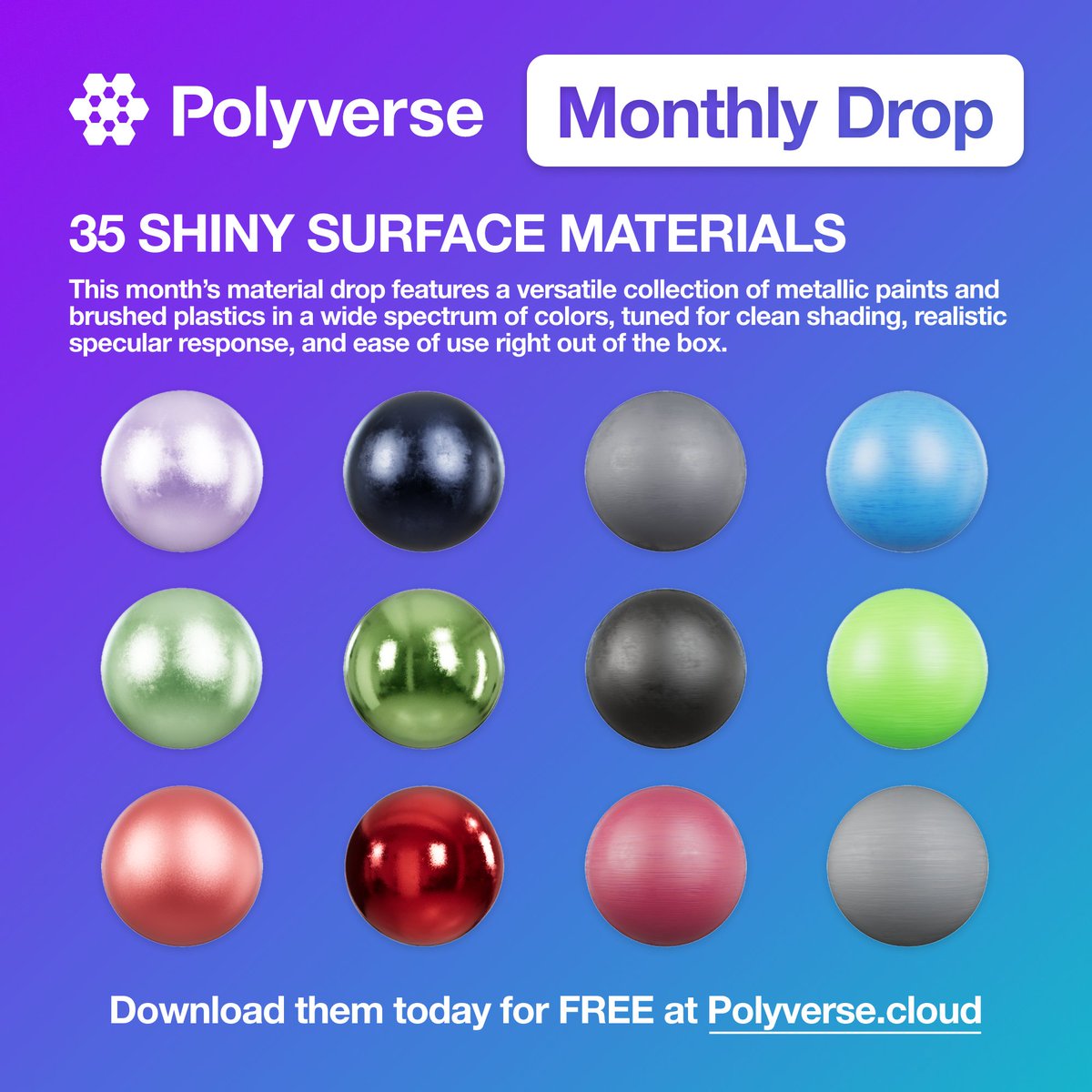 HelloPolyverse's tweet image. 📢 Announcing our November 2025 Material Drop!
35 new materials including:

🎨 Metallic Powder Paints (light, dark, and bold colorways)
🧱 Brushed Plastics (clean + dirty variants)
✨ Gold, Silver, Copper, Red, Blue, Green, and more
Perfect for games, VFX, and ArchViz.

✅…