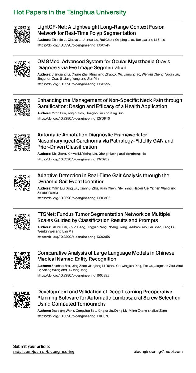 Bioeng_MDPI's tweet photo. 💥 Hot Papers from Tsinghua University
@Tsinghua_Uni 
The publications can be accessed via the QRs. 🤝
#Ocular #Diagnosis #Eye #Image_Segmentation #Pain #Nasopharyngeal_Carcinoma #Gait #Tumor #Large_Language_Models #Deep_Learning #Computed_Tomography https://t.co/dXEpN6Ep0P