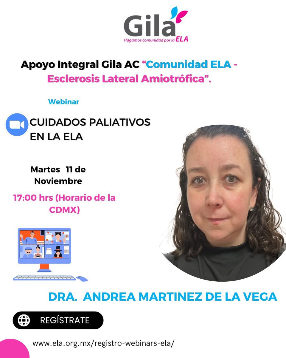 📌 No te pierdas HOY el webinar "Cuidados Paliativos en la ELA”, impartido por la Dra. Andrea Martínez De la Vega.

🕖 17:00 hrs. (Horario de la CDMX)
📲 Registro: bit.ly/ELAWebinars
¡¡Te esperamos!! 😃
#HagamosComunidadPorLaEla #webinar #cuidadospaliativos