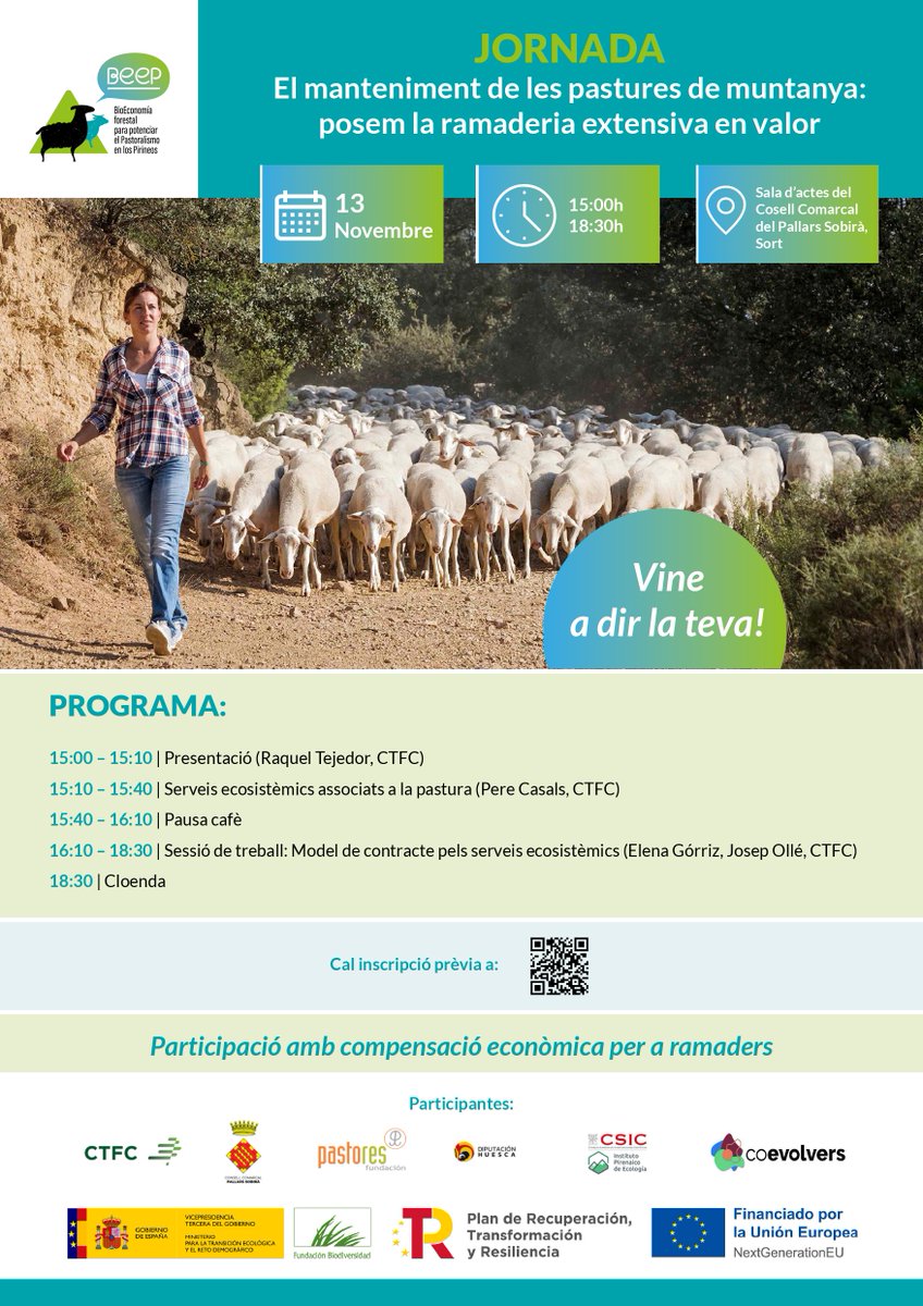 ProyectoBeep's tweet photo. 🐑 Jornada sobre el mantenimiento de los pastos de montaña y los servicios ecosistémicos

El 13 de noviembre, el CTFC organiza en Sort una jornada para poner en valor la ganadería extensiva y compartir los resultados del proyecto BEEP sobre los servicios ecosistémicos.

Durante la sesión se trabajará con los ganaderos para avanzar en la cuantificación económica de la provisión de estos servicios.

📅 13 de noviembre | 15:00–18:30 h
📍 Consell Comarcal del Pallars Sobirà (Sort)
👉 Inscripción previa necesaria
🐑 Jornada sobre el manteniment dels prats de muntanya i els serveis ecosistèmics

El 13 de novembre, el CTFC organitza a Sort una jornada per posar en valor la ramaderia extensiva i compartir els resultats del projecte BEEP sobre els serveis ecosistèmics.

Durant la sessió es treballarà amb ramaders i ramaderes per avançar en la valoració econòmica d’aquests serveis.

📅 13 de novembre | 15:00–18:30 h

📍 Consell Comarcal del Pallars Sobirà (Sort)
👉 Inscripció prèvia necessària
@FBiodiversidad 
#ProyectosPRTR #NextGenerationEU
