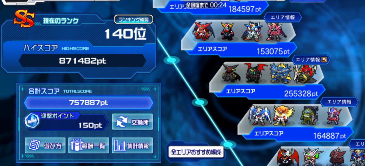 GandoRuhou's tweet image. やっと、初見通し終わった😴
最近迎撃戦の時忙しくて、まともにやれない😭
エリア4全然噛み合ってなかったし、入れ替えが大変そうだ。
OOのエリアも合ってるのか自信ないや😕
100万は超えたいな💯

 #スパロボDD