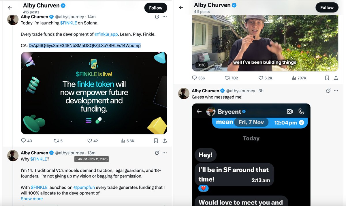 <a href="/brycent/"></a> <a href="/albysjourney/">Alby Churven</a> Lol, the 14y old "founder" just launched and rugged his coin $finkle. Posted CA and deleted it just the moment he sold. Well done, bro. 
What a lore if trenches send it to millions now😂😂😂

DrAjZ6Q6iys3mE34ENbSMhD8QFZjLXaYBHLEs14Wpump