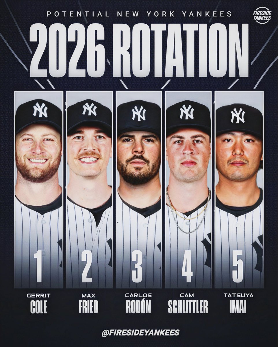 FiresideYankees's tweet photo. How would you feel about this potential Yankees 2026 rotation?👀

🔵Gerrit Cole
🔵Max Fried
🔵Carlos Rodón
🔵Cam Schlittler
🔵Tatsuya Imai

#Yankees https://t.co/EpaCxUHGOC
