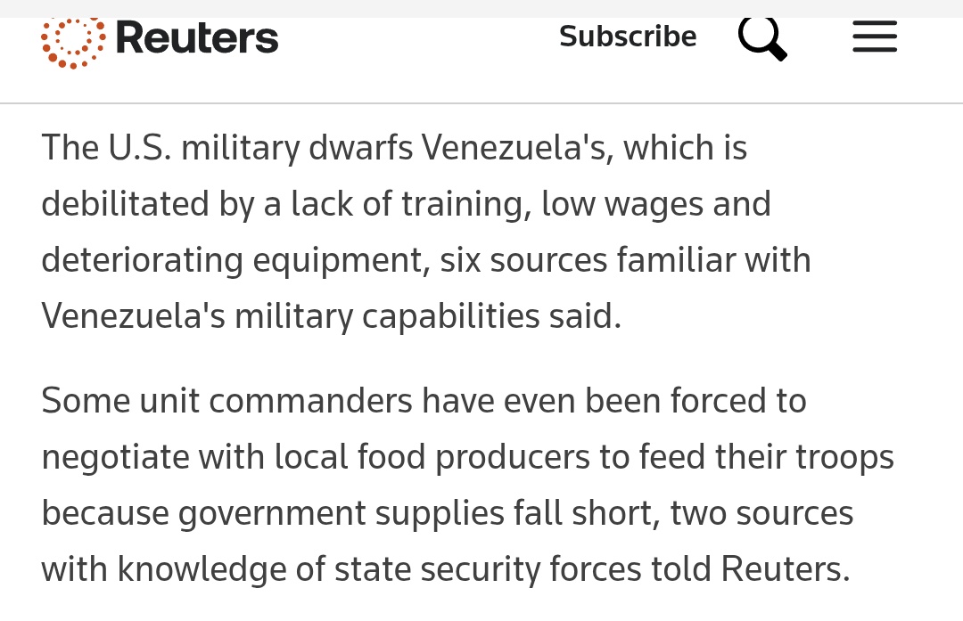 EmmaRincon's tweet image. 🚨 ÚLTIMA HORA 

Reuters reporta que el régimen de Maduro está montando una operación de guerrilla para tratar de contrarrestar ataques de EEUU.

Pero los jefes de comandos deben negociar comida con productores locales, porque el régimen no puede ni alimentar las tropas.