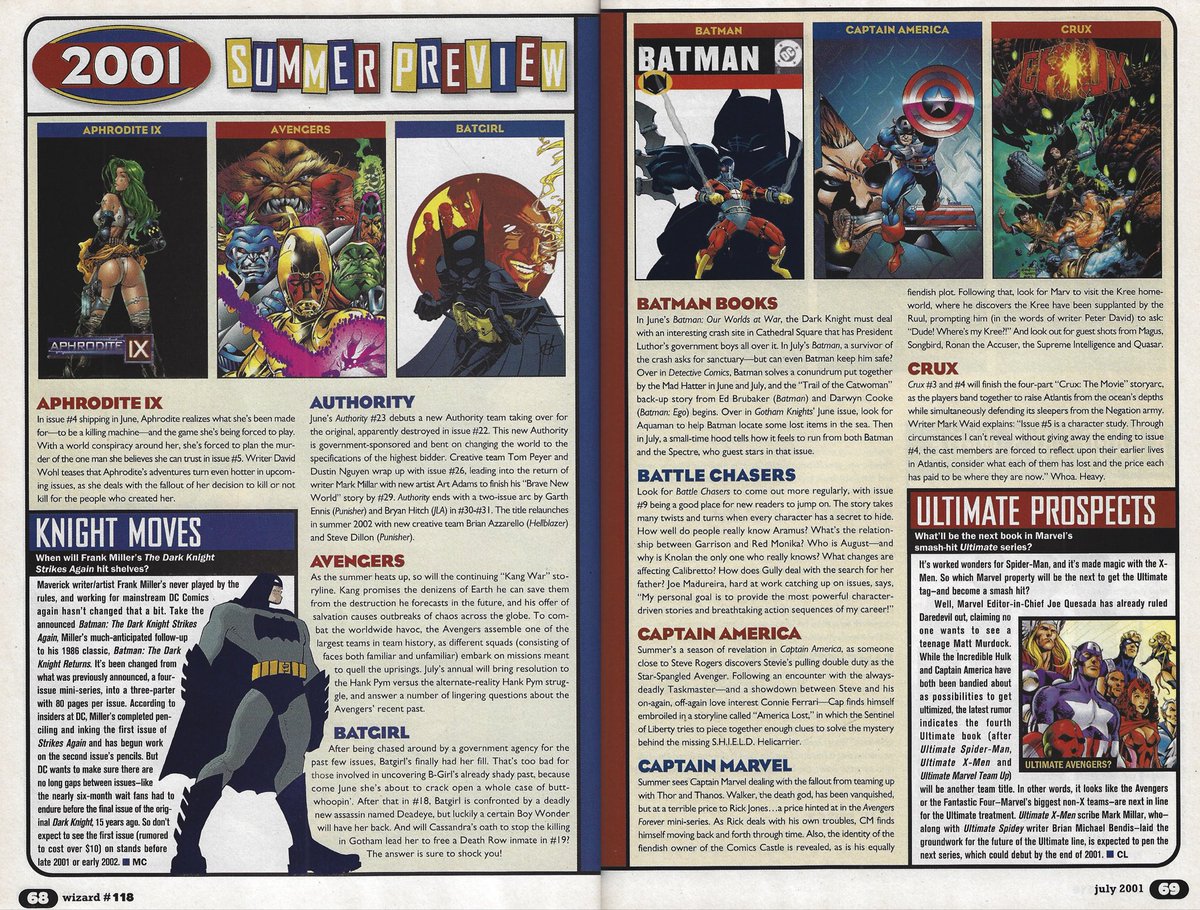 Check out the hype for the comic books of summer ‘01 from #dccomics , #marvelcomics , CrossGen and more! Which of these books were YOU most excited for?