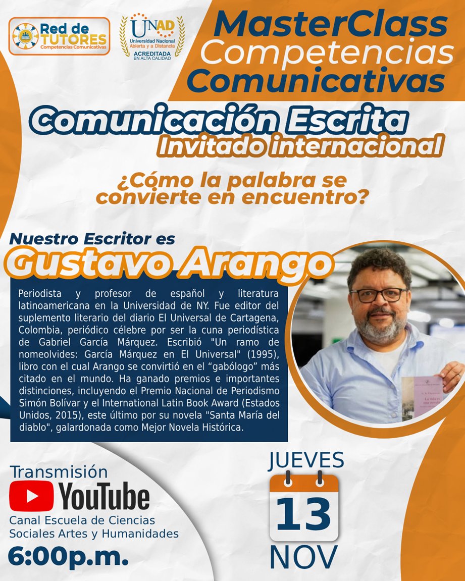 lilianaerazopaz's tweet photo. @PROSIER_UNAD @ElOIRdelaRegion UNAD CCAV Pasto invita a la Masterclass de comunicación escrita¿Cómo la palabra sé convierte en encuentro? Vive está maravillosa experiencia en compañía del escritor Gonzalo Arango y el curso de Competencias Comunicativas https://t.co/ljKx8CEUT4