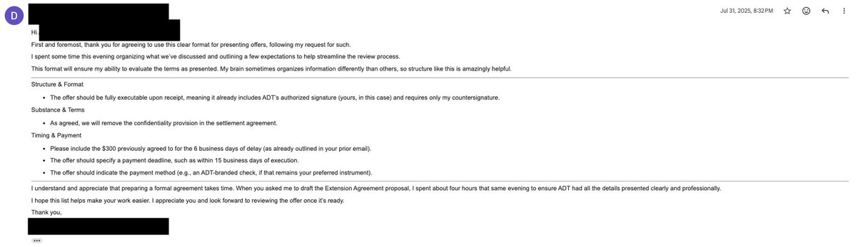 timeforus_org's tweet image. 169/
Here’s the summary email I sent that evening.

It confirmed what Amy had agreed to and restated expectations for the revised offer. I put everything into the bullet-point structure that had worked well previously.

#TimeForUs #Clarity