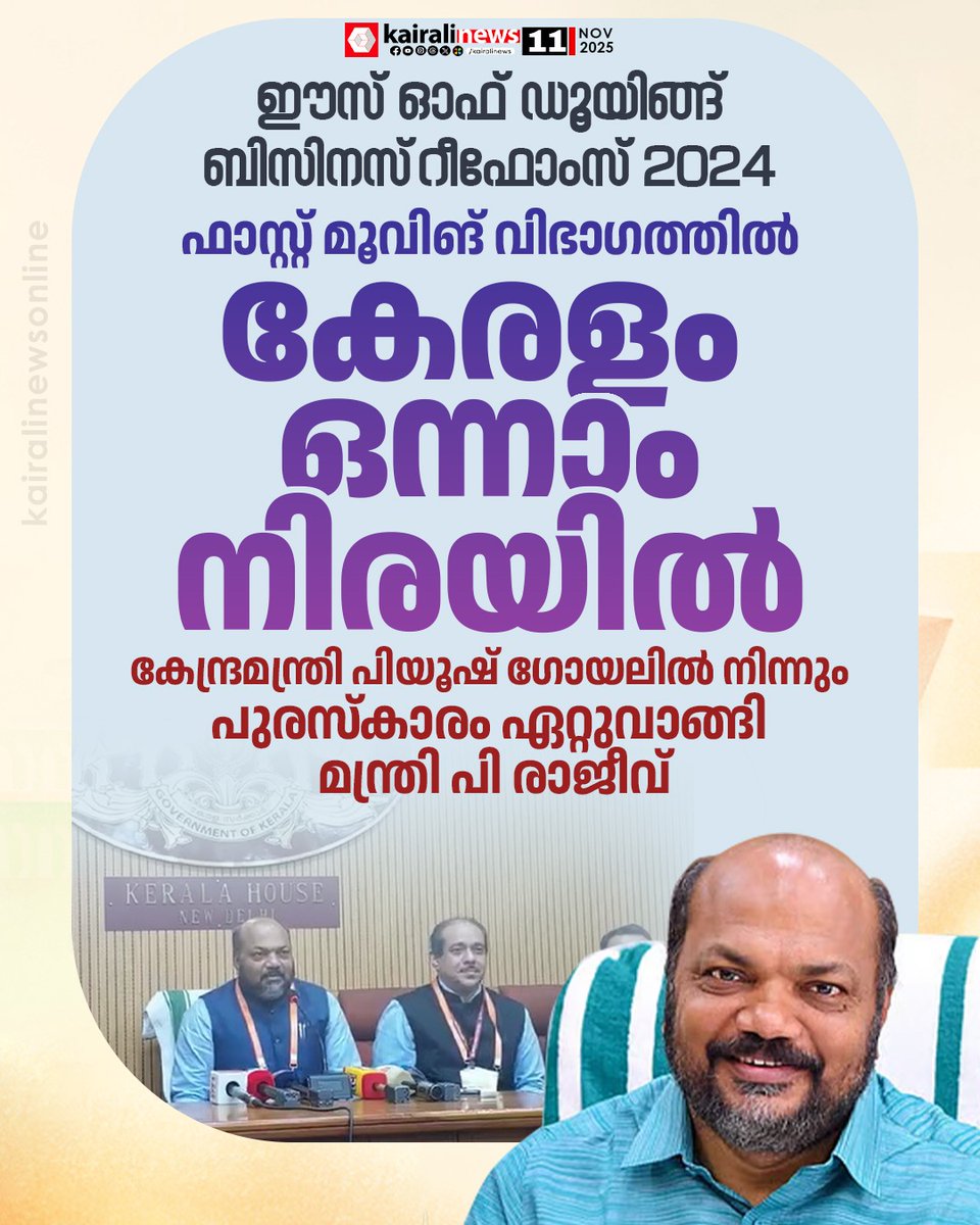 kairalinews's tweet image. ഈസ് ഓഫ് ഡൂയിങ്ങ് ബിസിനസ് റീഫോംസ് 2024: ഫാസ്റ്റ് മൂവിങ് വിഭാഗത്തിൽ കേരളം ഒന്നാം നിരയിൽ 

#BRAP2024 #PRajeev #kerala #kairalinews