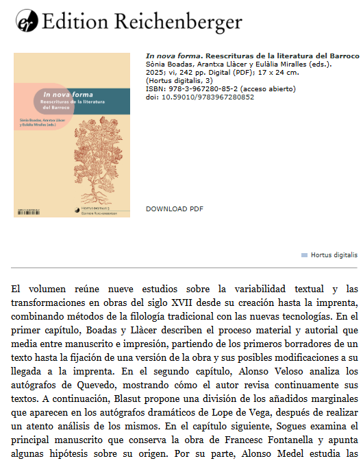 S'acaba de publica "In nova forma. Reescrituras de la literatura del Barroco", a càrrec de <a href="/ArantxaLlacer/">Arantxa Llàcer Martorell</a> <a href="/laiamirallesj/">Laia Miralles</a> <a href="/s_boadas/">Sònia Boadas</a>, que inclou un article de <a href="/marc_sogues/">Marc Sogues</a> sobre el manuscrit més important amb obra de Francesc Fontanella.

reichenberger.de/Pages/hd3.html