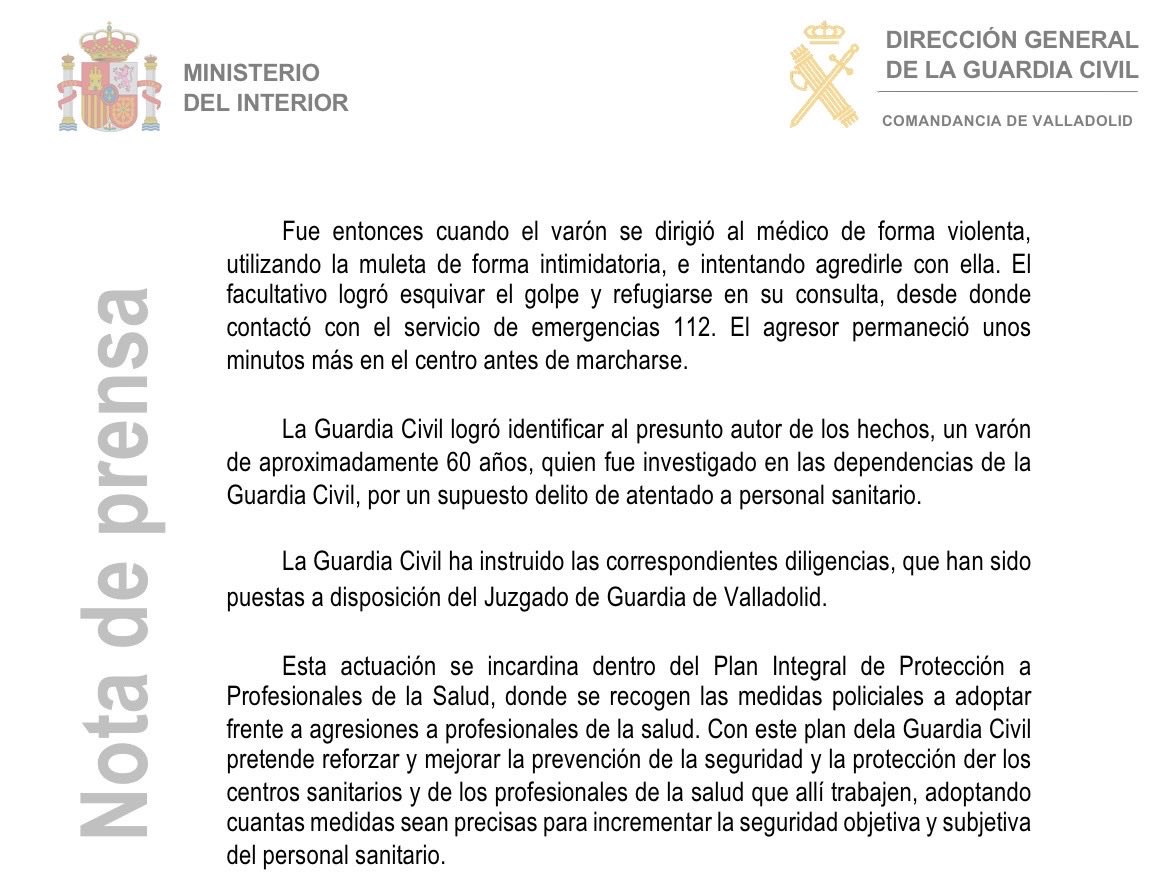 ✅ La Guardia Civil investiga a un varón por un presunto delito de atentado contra personal sanitario 🚑
 
📍El incidente tuvo lugar en el Centro de Salud de la localidad de  Santovenia de Pisuerga 🚓
 
📍El investigado intentó agredir al médico con una muleta 🩼