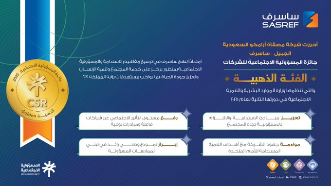 Graphic design with green and blue color scheme featuring SASREF company logo prominently displayed multiple times. Central elements include a gold medal icon with CSR text and Arabic script. Surrounding areas show award certificates in gold frames with official seals, Arabic text detailing the Golden Category Corporate Social Responsibility Award from the Ministry of Human Resources and Social Development. Additional icons include a star, ribbon, and diamond shapes.