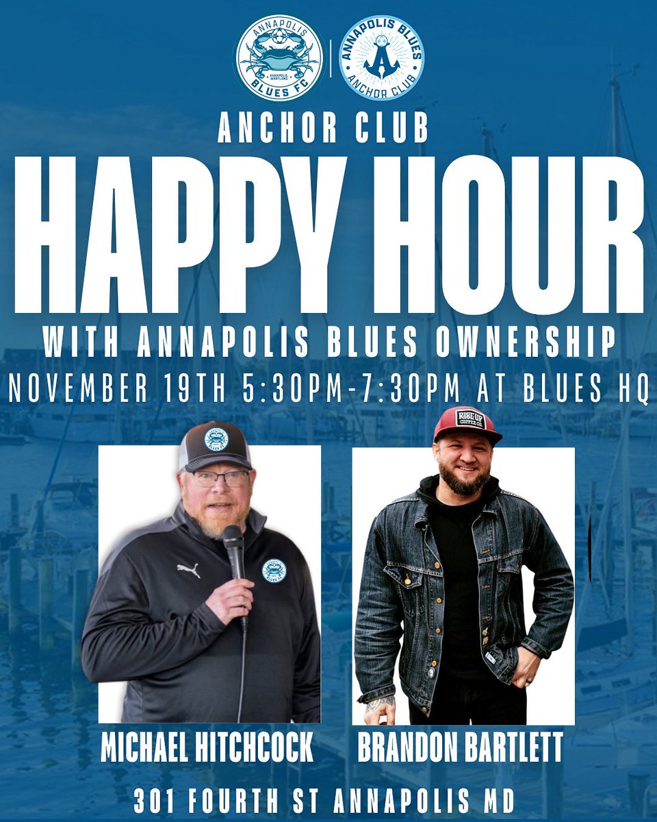 🍺 Wednesday, November 19th | 5:30 PM – 7:30 PM

📍 Annapolis Blues Office | 301 Fourth St, Pier 4 Marina, Annapolis, MD

Join us at the Annapolis Blues office for a happy hour with our owners, Michael Hitchcock, Brandon Bartlett and other owners!