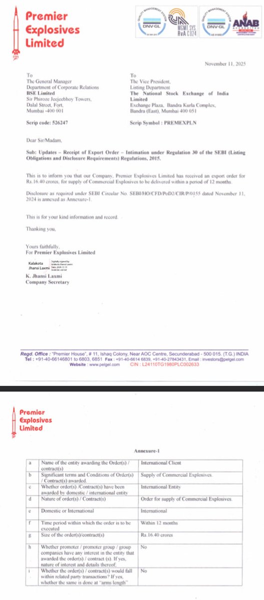Prefmarkits's tweet image. Premier Explosive: 587

Today on 11.11.2025

Company got order from an international client worth ₹16.4 Crs for the supply of commercial explosives.

Keep on Radar.

#premierexplosives