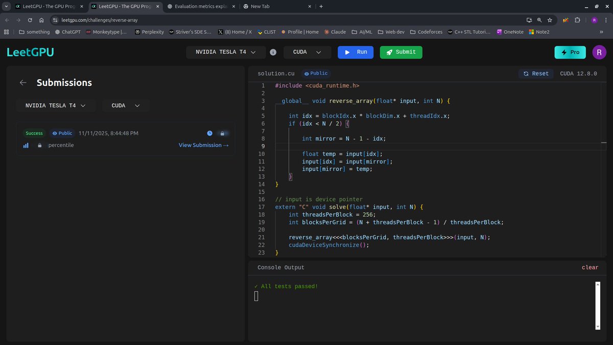 cuda_programmer's tweet image. Day 2 of GPU programming  
- simple array reversal
- logic was clear and obvious
-will implement some programs locally on my RTX 2050