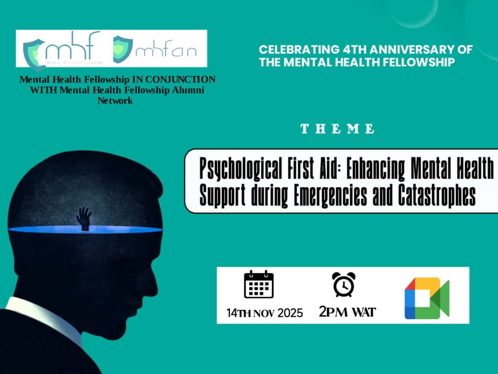 Webinar

Psychological First Aid: Enhancing Mental Health Support during Emergencies
🗓 14 Nov 2025 | ⏰ 2:00 PM WAT
Learn practical skills to support mental health during crises.
Register now &amp; secure your spot

forms.gle/rJq2fcjWAcjwN5…

#PsychologicalFirstAid 
#Emmergences