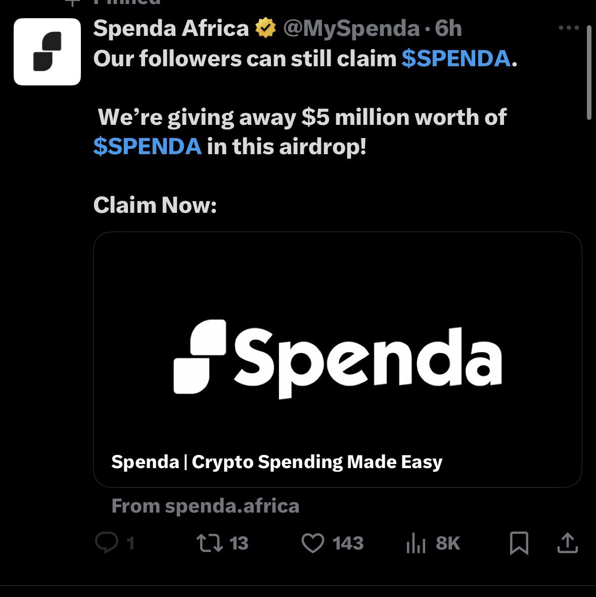 Web_Crpt's tweet image. the @MySpenda account’s been compromised.

Do not interact with any Claim $SPENDA or Airdrop, it is a scam.

Don’t interact with @MySpenda till coast is clear !!

Don’t click, the app is functioning properly, you can continue using it.

We’re on it stay sharp and stay safe.