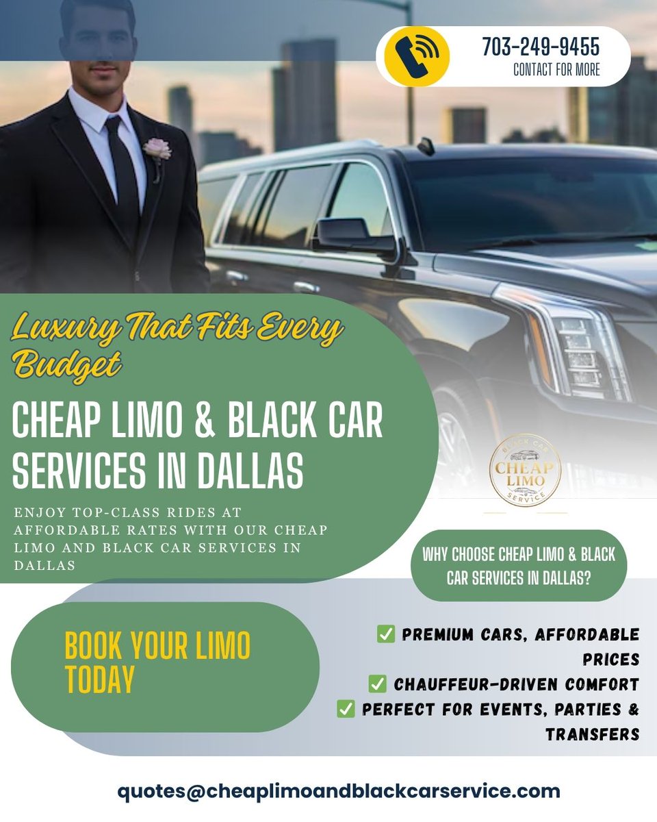 cheaplimocars's tweet image. Looking for luxury that fits your budget?
📍 Dallas, TX | 📞 703-249-9455
 🌐 cheaplimoandblackcarservice.com
Visit: cheaplimoandblackcarservice.com
#CheapLimoDallas #CheapLimoAndBlackCarService #DallasBlackCarService #AffordableLimoDallas #DallasLimoService #DallasLuxuryRides #DFWBlackCar