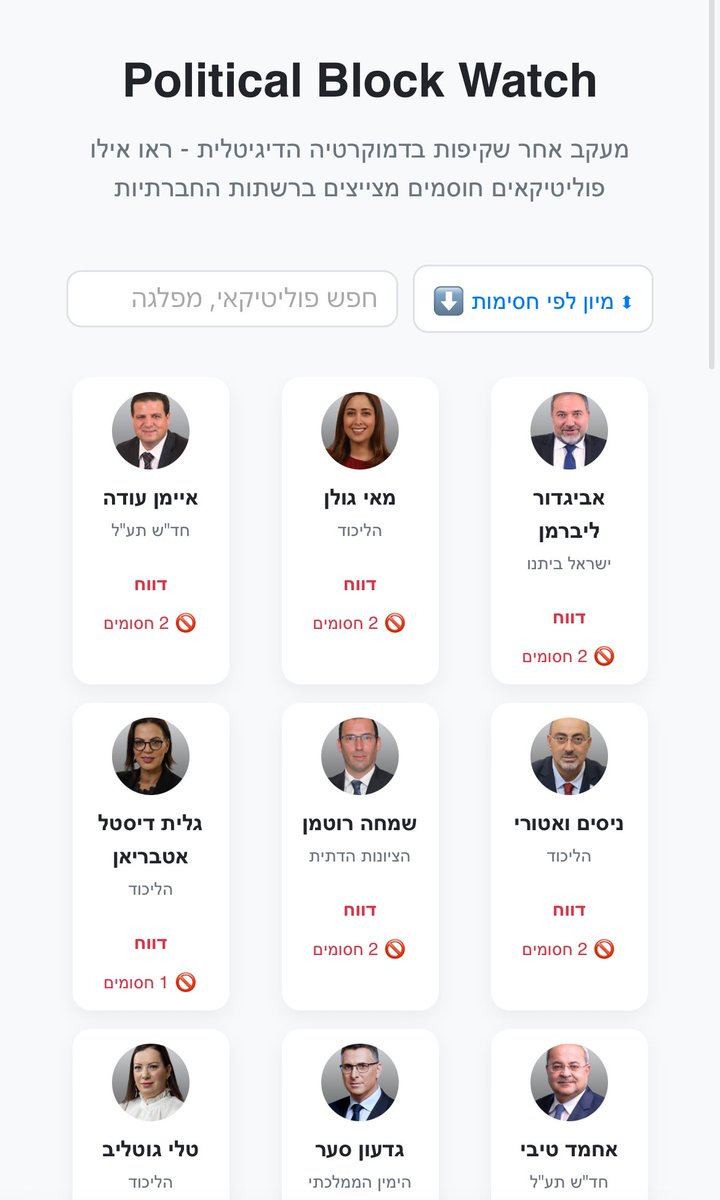 אז לא מזמן חסמה אותי חברת הכנסת גלית דיסטל אטבריאן אחרי שעשיתי לה רטיו על סיר פסטה (רפרנס בתגובה), מעבר לזה שזה מרגיז - זה לא חוקי לפי תקדים של בג״ץ משנת 2023.

היום אני משיק את פלטפורמת השקיפות לחסימות של פוליטיקאים ואנשי ציבור.
*האתר בו אתם יכולים לדווח אם נחסמתם*

הפלטפורמה