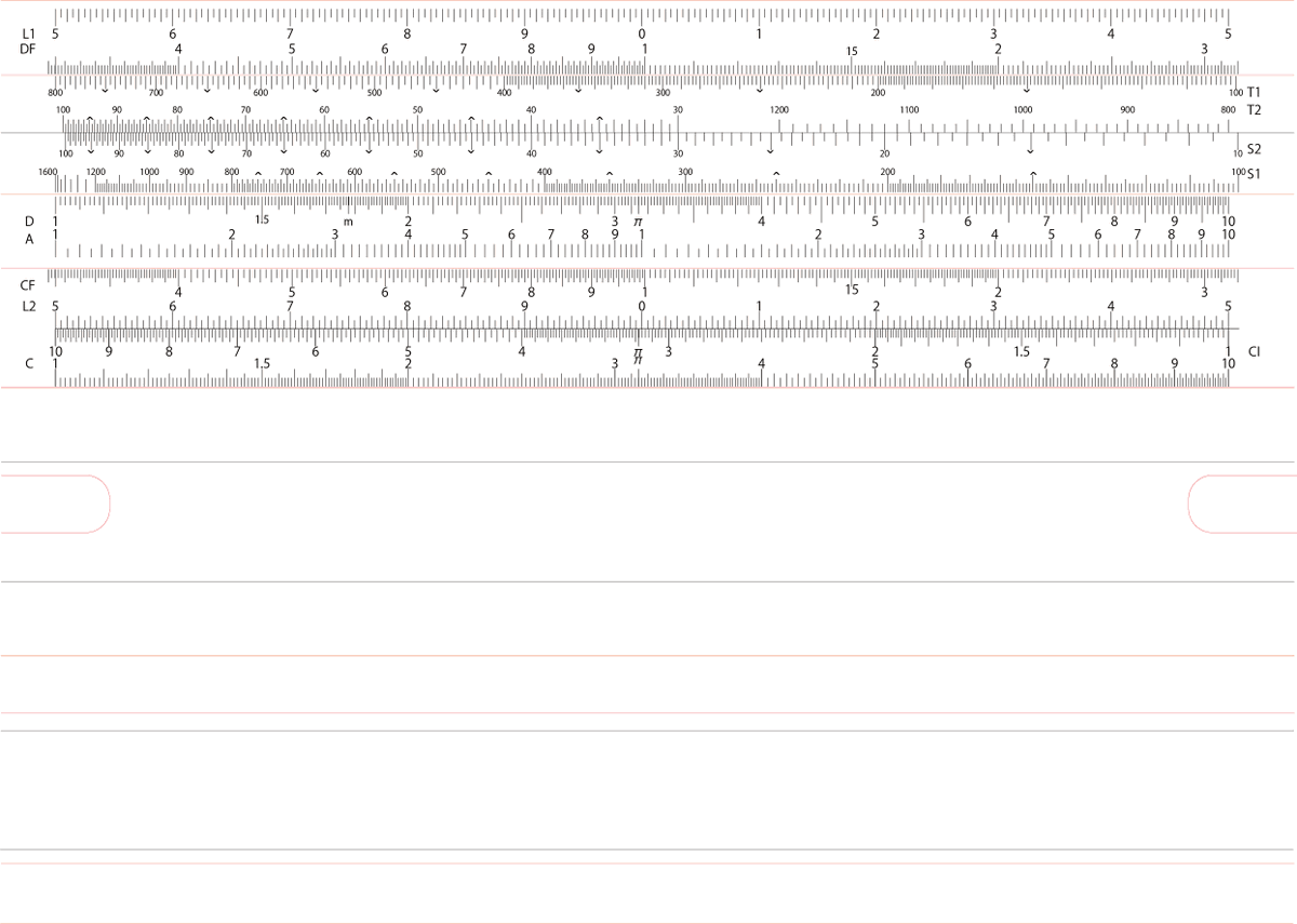 aruma_zirou's tweet image. 前作った計算尺描画プログラムをイジって似たような形にしてみました。
８インチ計算尺だとＡ４用紙に印刷すると近い大きさになりそう。